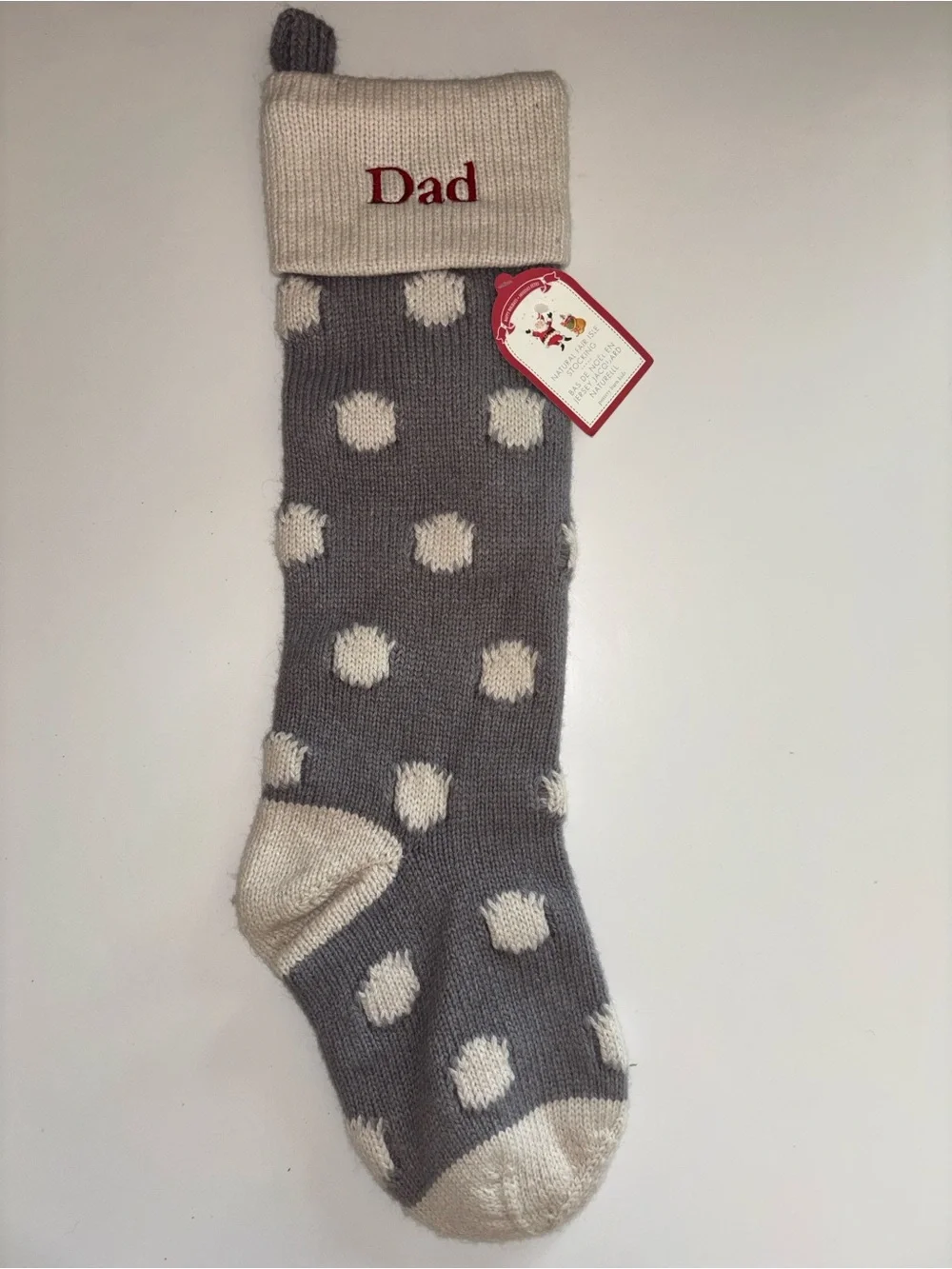 Pottery Barn Dad Embroidered Gray Polka Dot Stocking